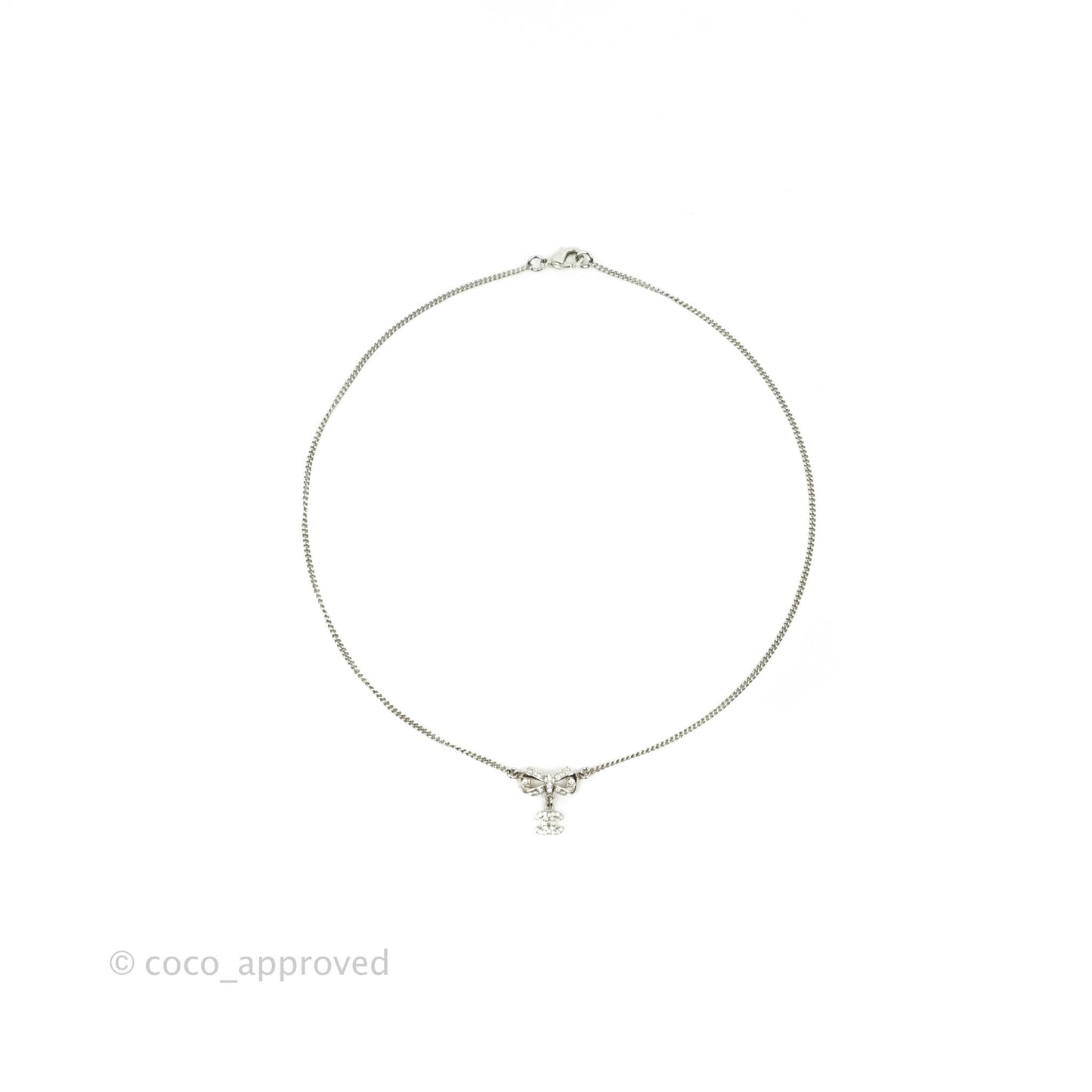 Chanel Ribbon Crystal Drop CC Necklace Silver Tone 18P