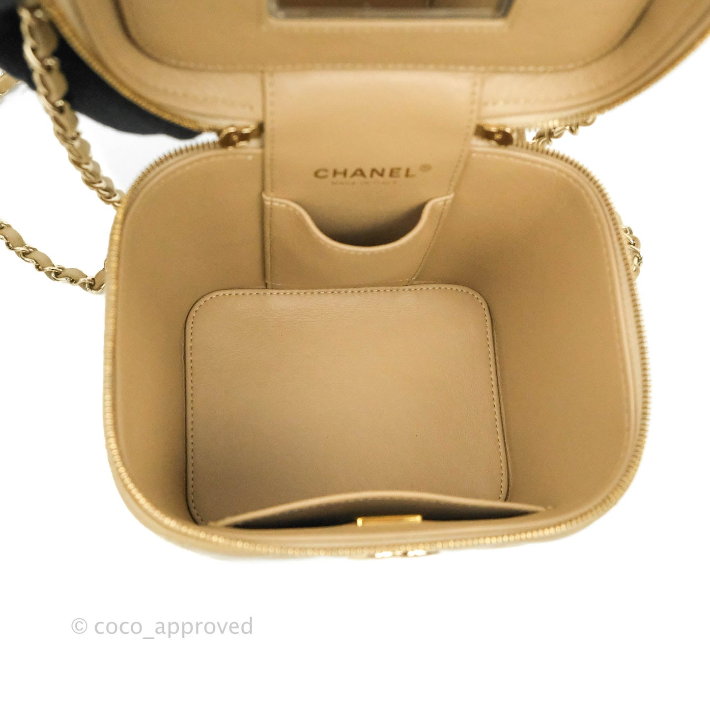 Chanel Small Quilted Top Handle Vanity Case Dark Beige Caviar Gold Hardware