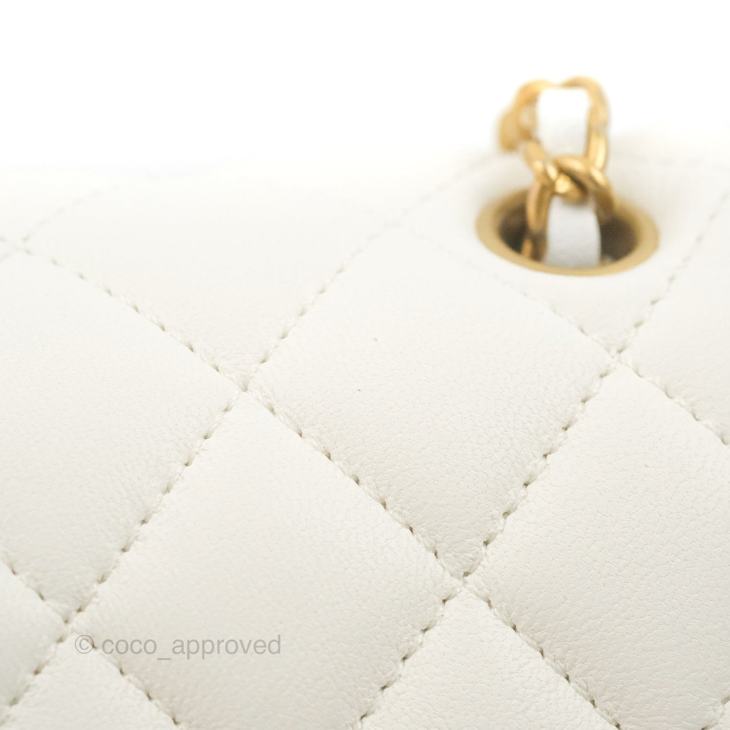 Chanel Mini Square Pearl Crush Quilted White Lambskin Aged Gold Hardware