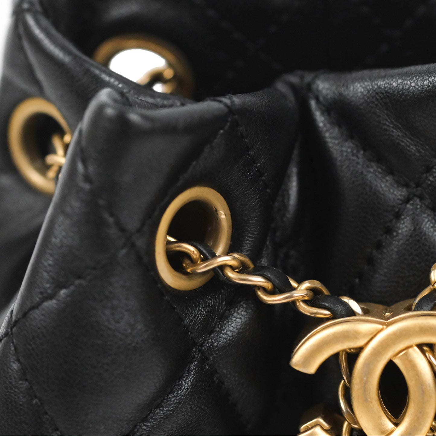 Chanel Pearl Crush Bucket Bag Black Lambskin Aged Gold Hardware 22S
