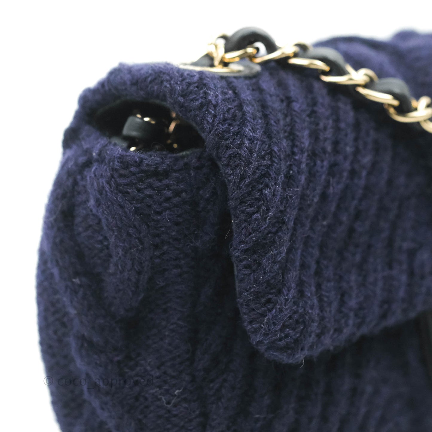 Chanel Mini Rectangular Flap Navy Blue Cable Knit Gold Hardware