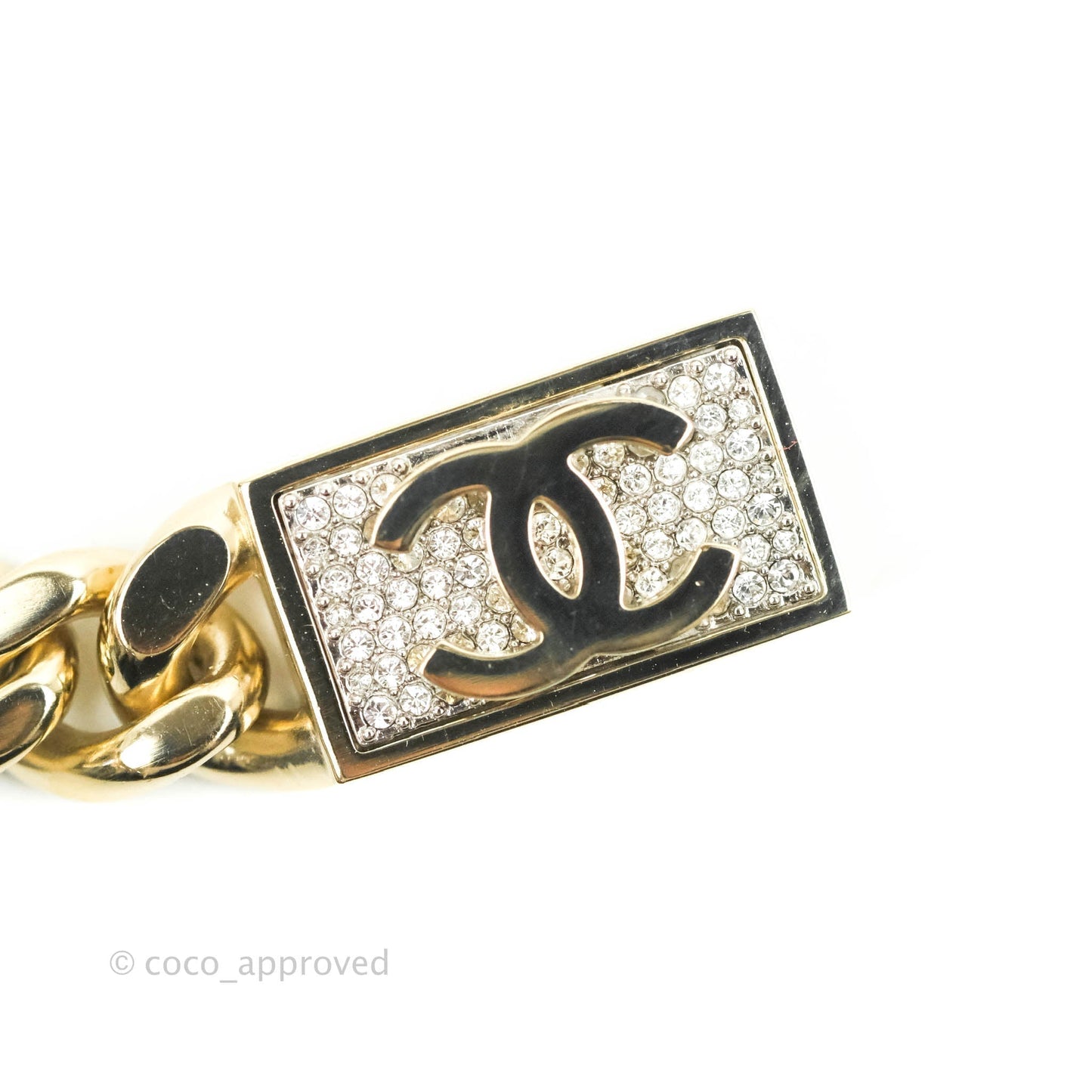 Chanel Chain CC Crystal Plate Drop Earrings Gold Tone 21C