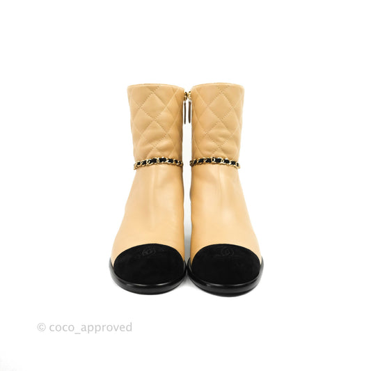 Chanel Chain Link CC Cap-toe Ankle Boots Beige Lambskin Black Suede Size 38.5
