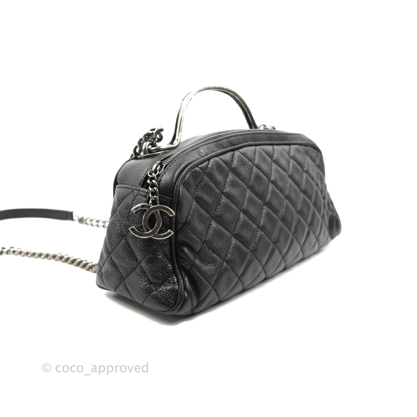 Chanel Quilted Airline Bowling Bag with Handle Black Calfskin Ruthenium Hardware