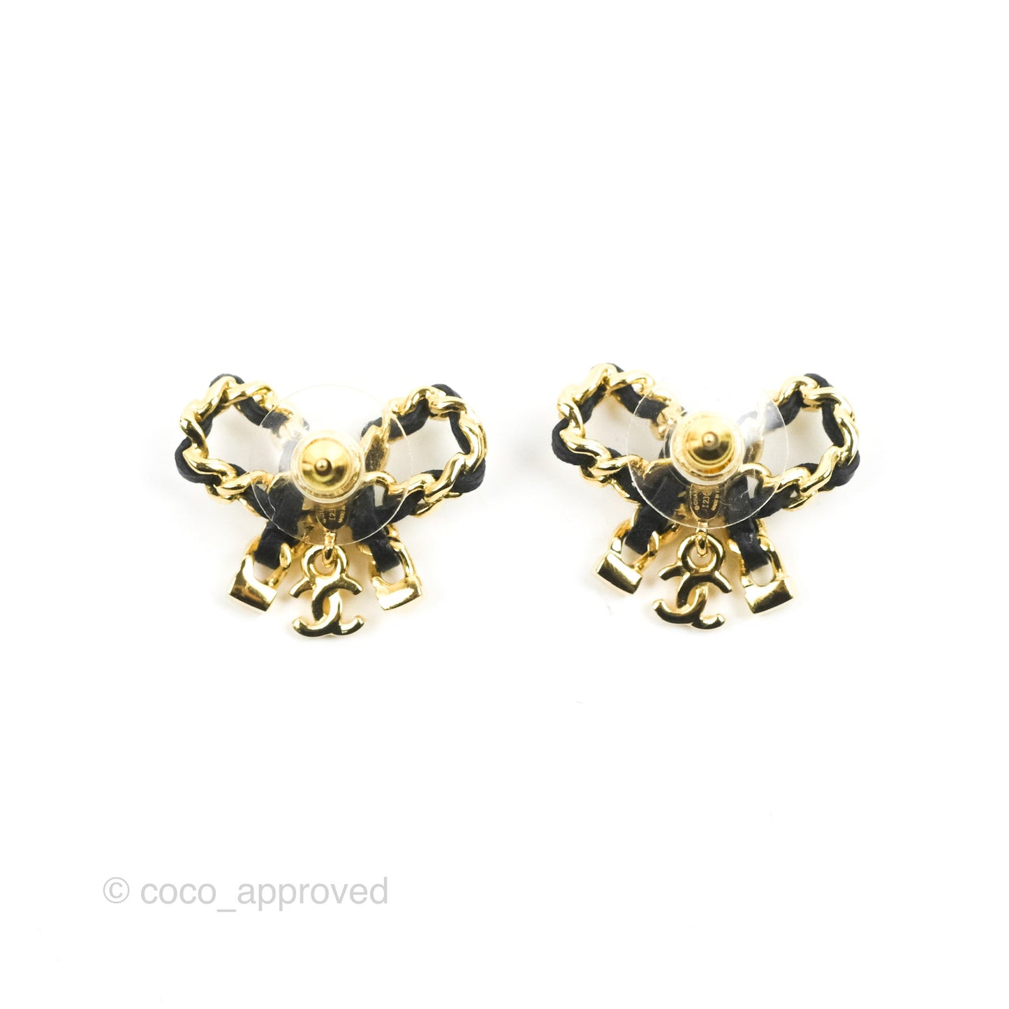 Chanel Lambskin Chain Bow Stud Earrings Black Gold 22A