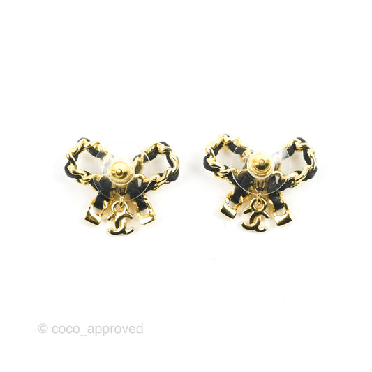 Chanel Lambskin Chain Bow Stud Earrings Black Gold 22A