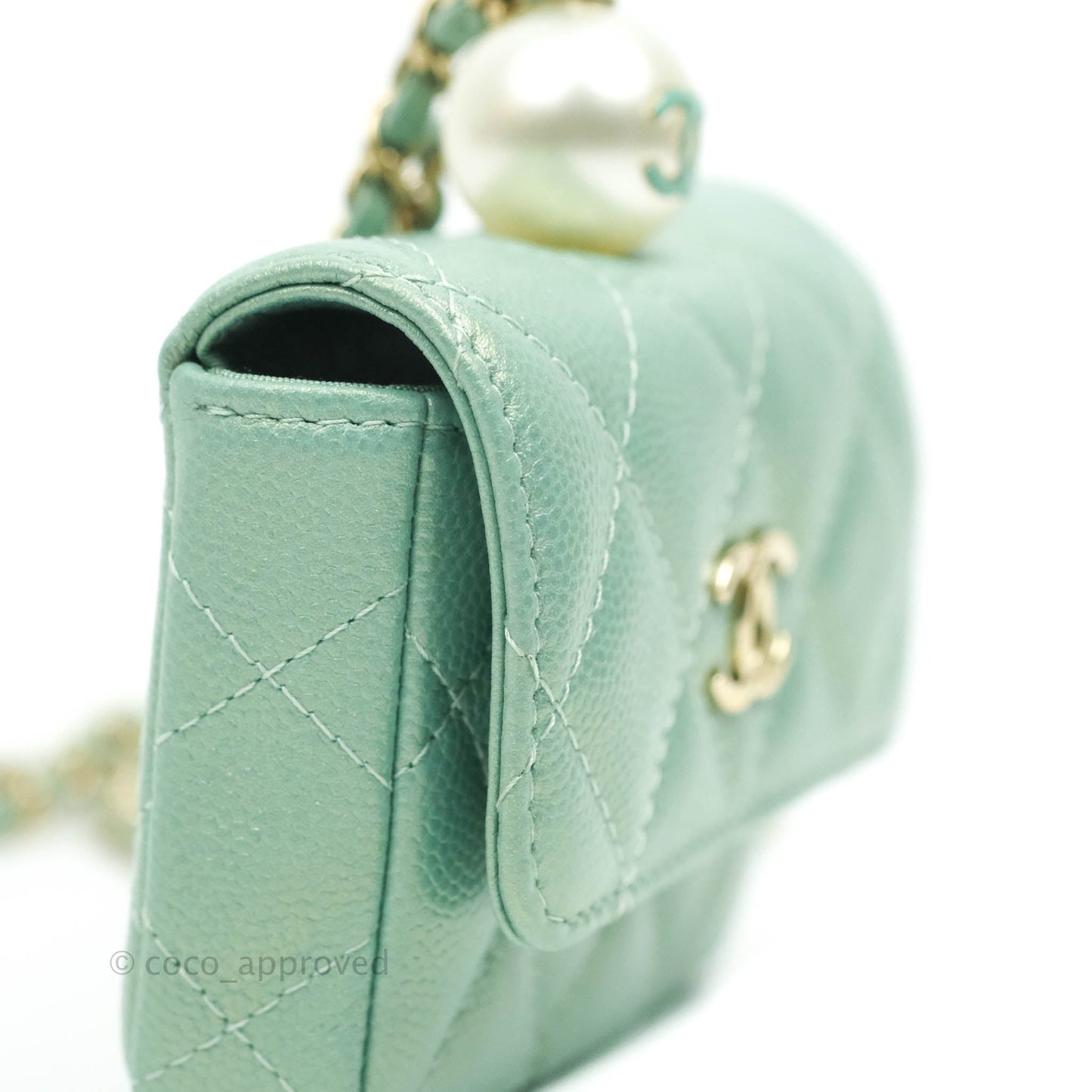 Chanel Quilted Card Holder With Chain Iridescent Mint Caviar Gold Hardware