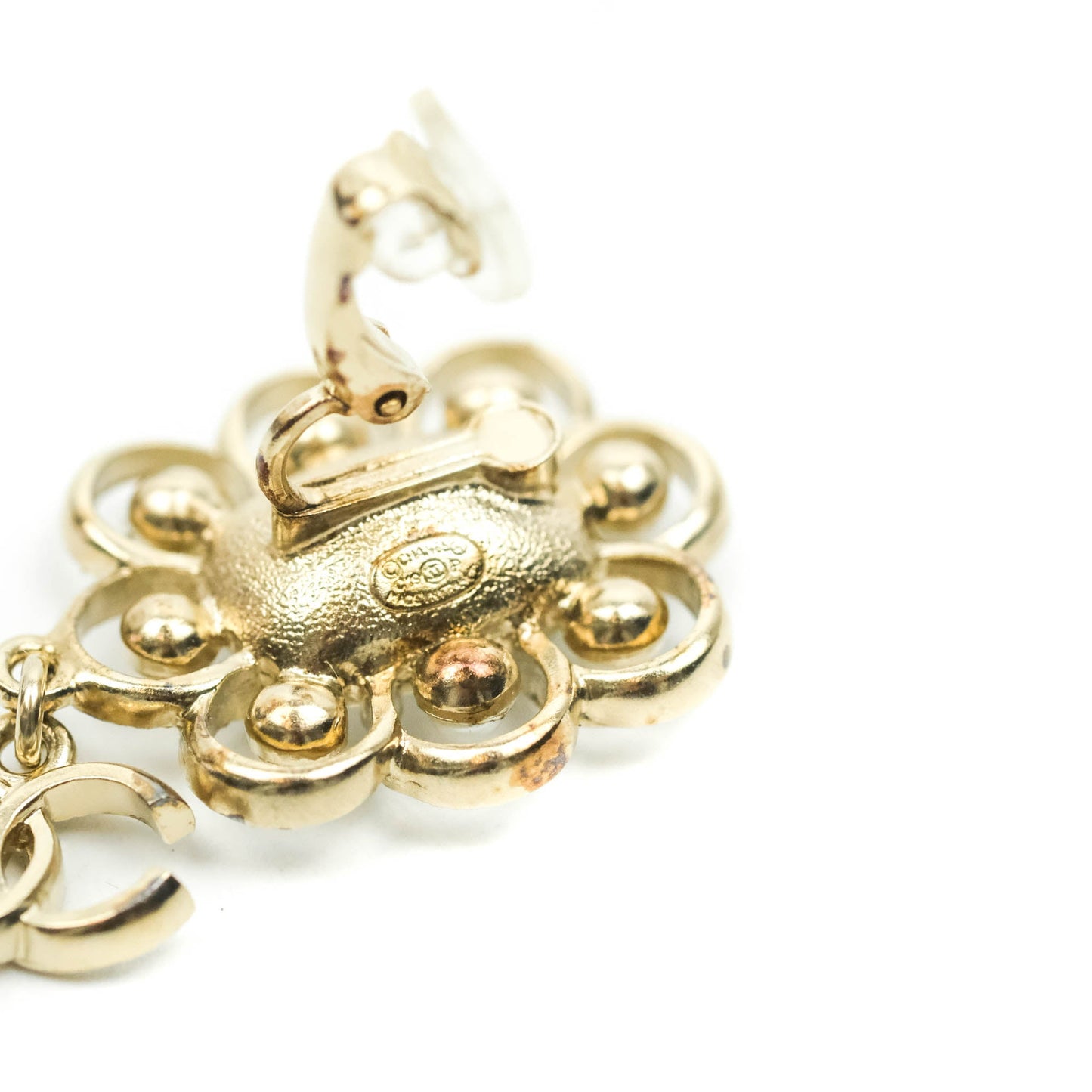 Chanel Crystal Pearl Drop CC Earrings Clip-On Gold Tone 19P