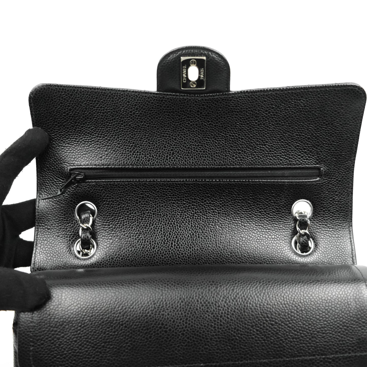 Chanel Classic M/L Medium Double Flap Bag Black Caviar Silver Hardware