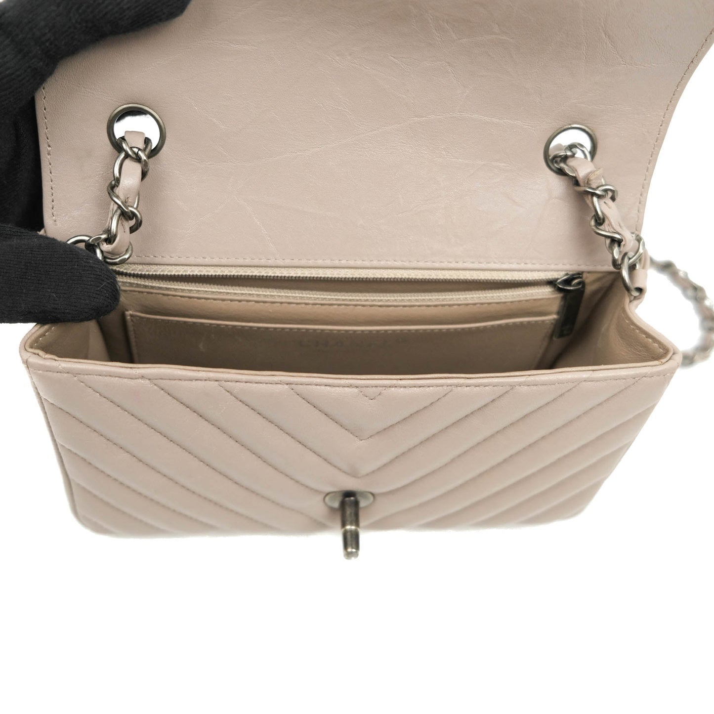 Chanel Chevron Mini Rectangular Flap Taupe Grey Calfskin Ruthenium Hardware 18B