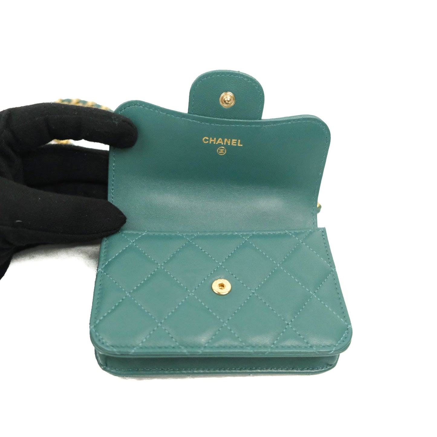 Chanel Mini Handle Flap Coin Purse With Chain Green Lambskin Gold Hardware
