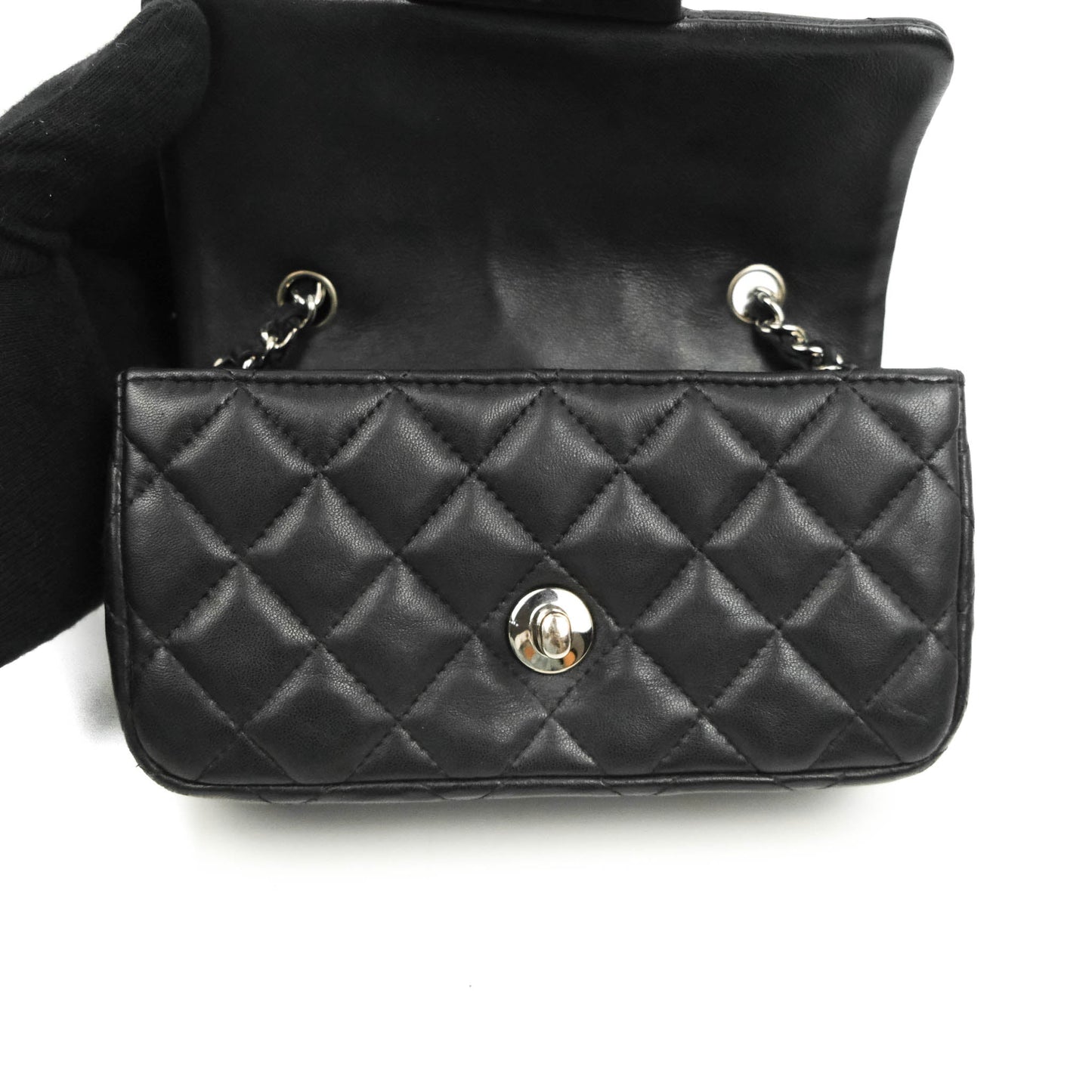 Chanel Quilted Extra Mini Rectangular Flap Black Lambskin Silver Hardware