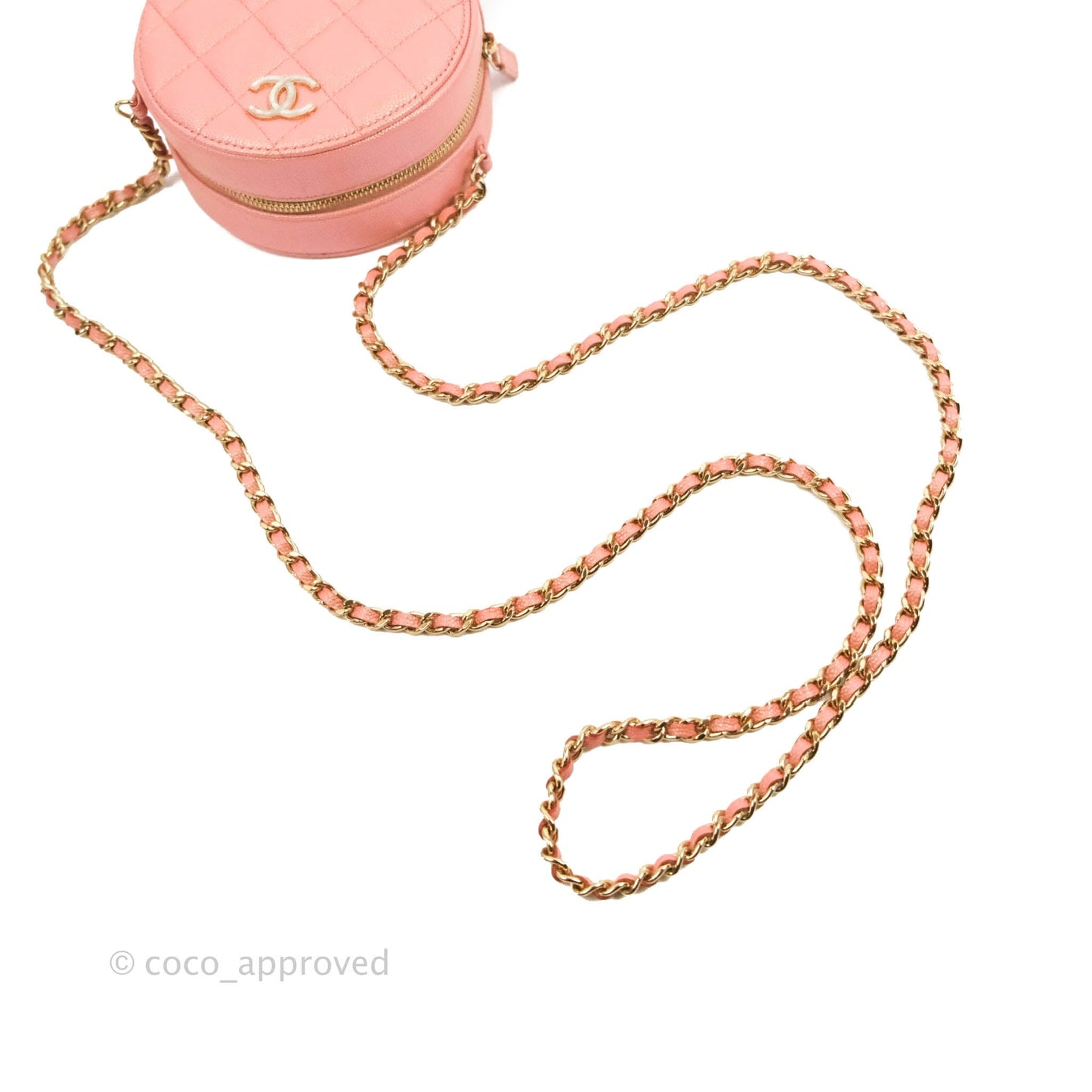 Chanel Classic Quilted Round Clutch With Chain Iridescent Pink Caviar Gold Hardware 19S