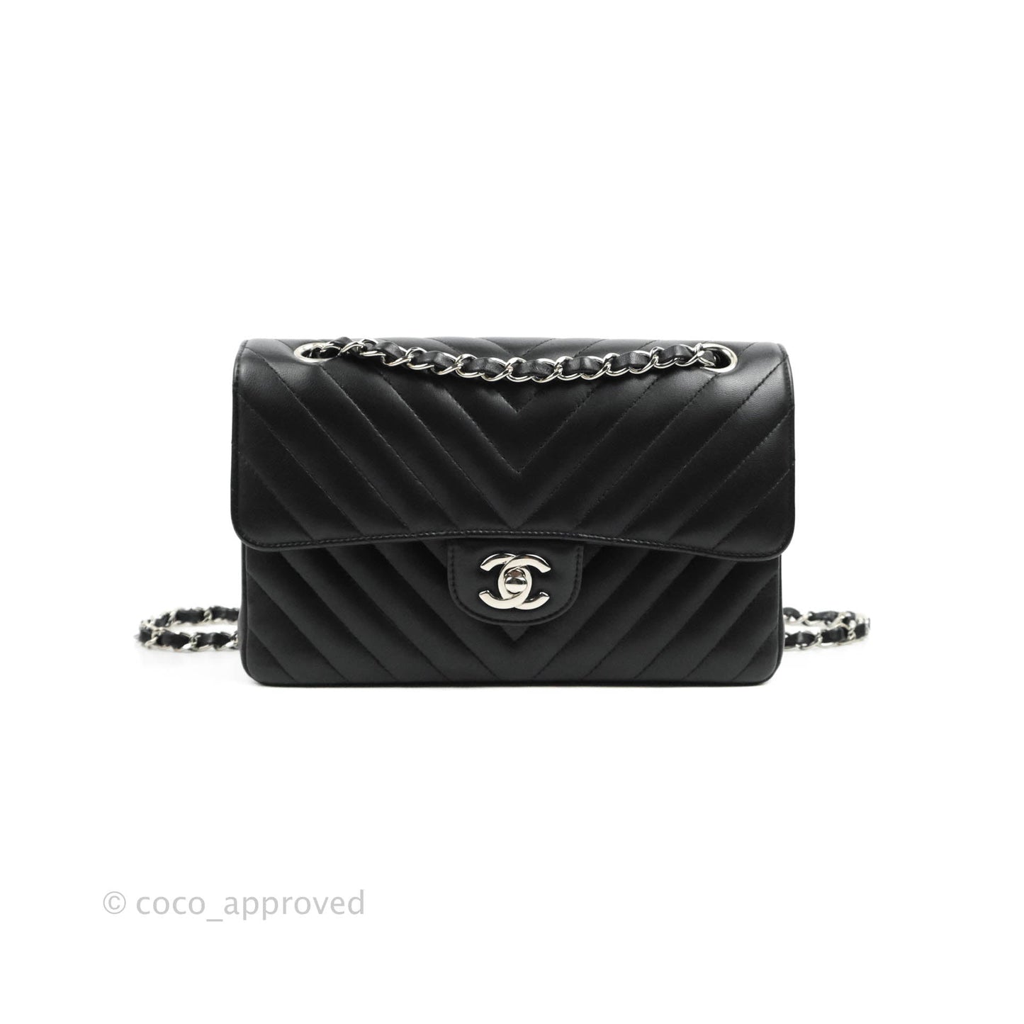 Chanel Classic Chevron S/M Small Double Flap Black Lambskin Silver Hardware