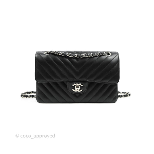 Chanel Classic Chevron S/M Small Double Flap Black Lambskin Silver Hardware