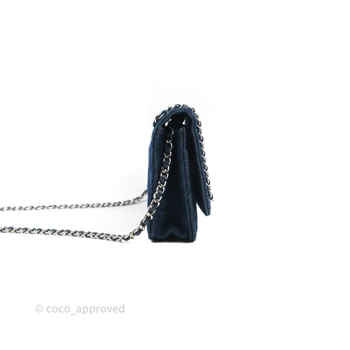 Chanel Quilted Chain Around Wallet on Chain WOC Dark Blue Denim Silver Hardware