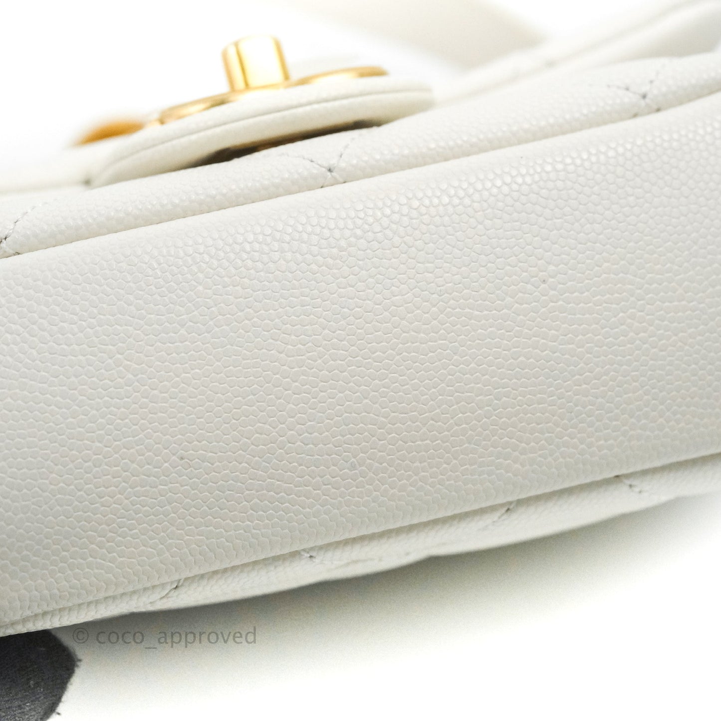 Chanel Mini Flap with Coin Charm White Caviar Aged Gold Hardware 22A