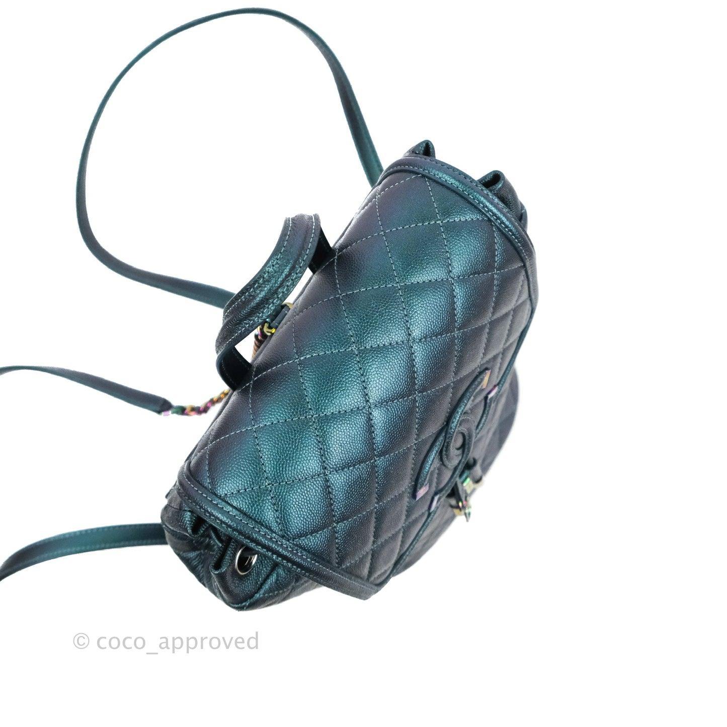 Chanel Quilted CC Filigree Backpack Caviar Iridescent Dark Turquoise Rainbow Hardware