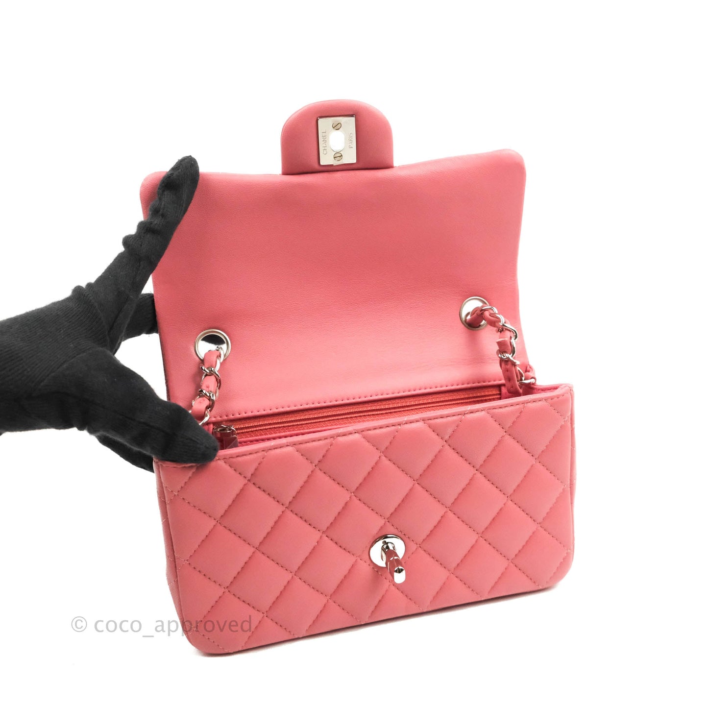 Chanel Quilted Mini Rectangular Flap Pink Lambskin Silver Hardware