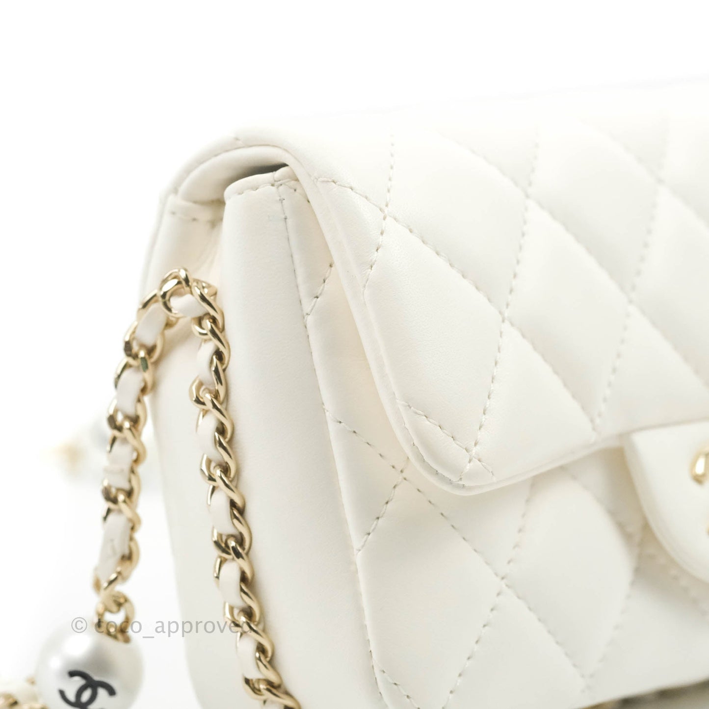 Chanel Small Logo Pearl Chain Flap Bag White Lambskin Gold Hardware