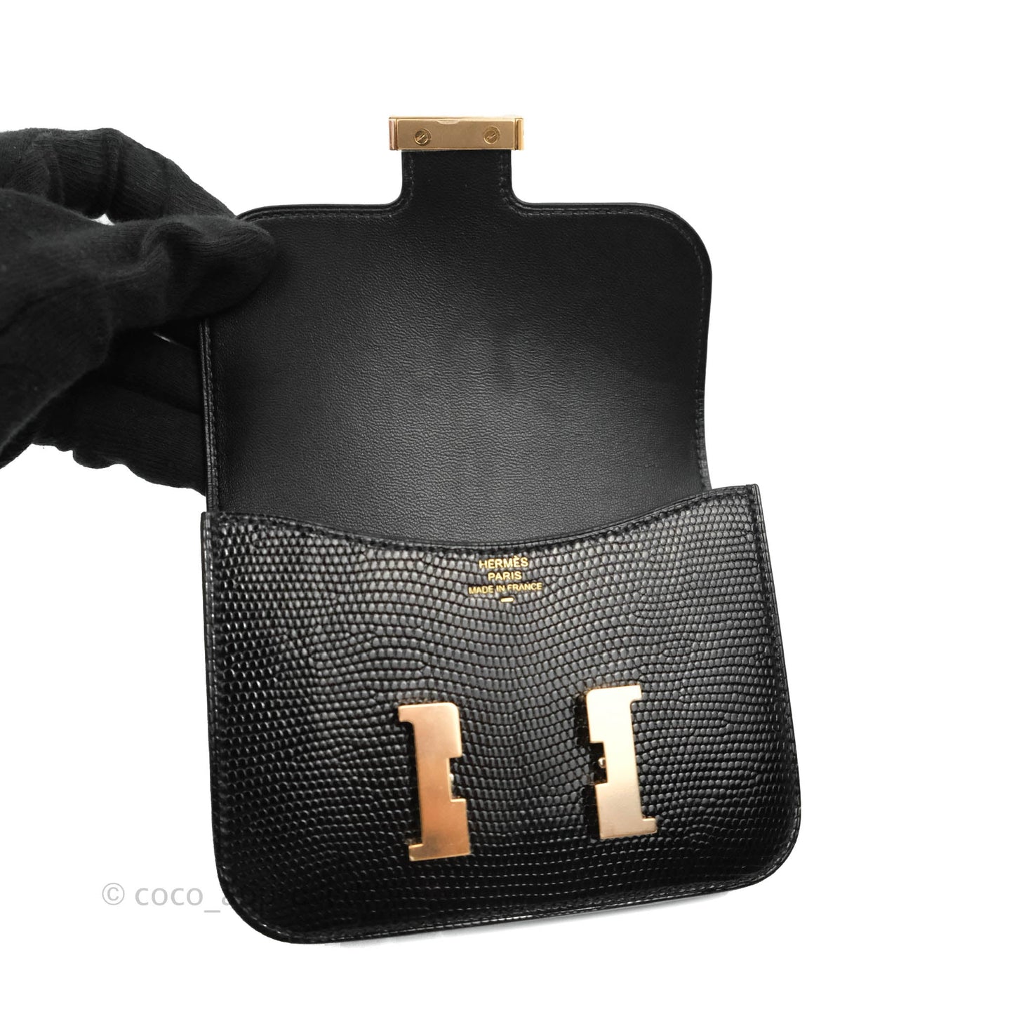 Hermès Constance Slim Wallet Black Lizard Leather Rose Gold Hardware