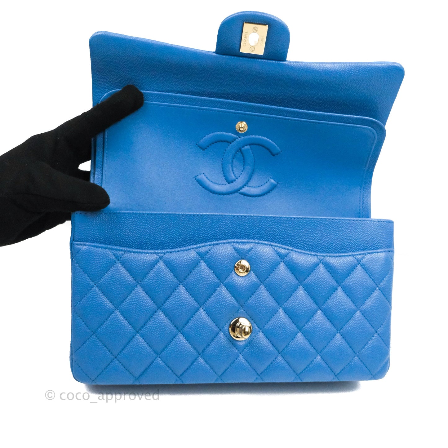 Chanel Classic M/L Medium Flap Quilted Blue Caviar Gold Hardware 21P