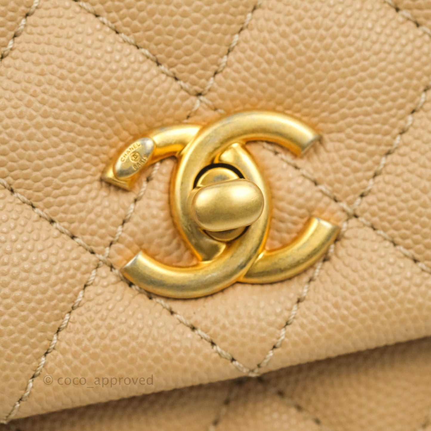 Chanel Small Coco Handle Quilted Beige Caviar Gold Hardware Lizard Embossed Handle