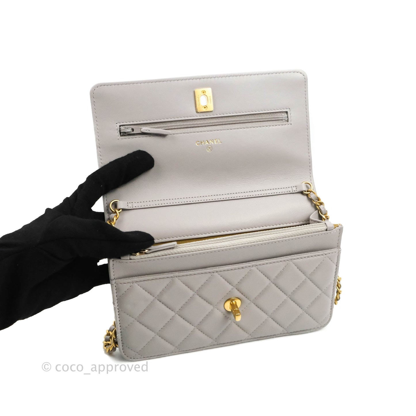 Chanel Quilted Pearl Crush Wallet on Chain WOC Grey Lambskin Aged Gold Hardware