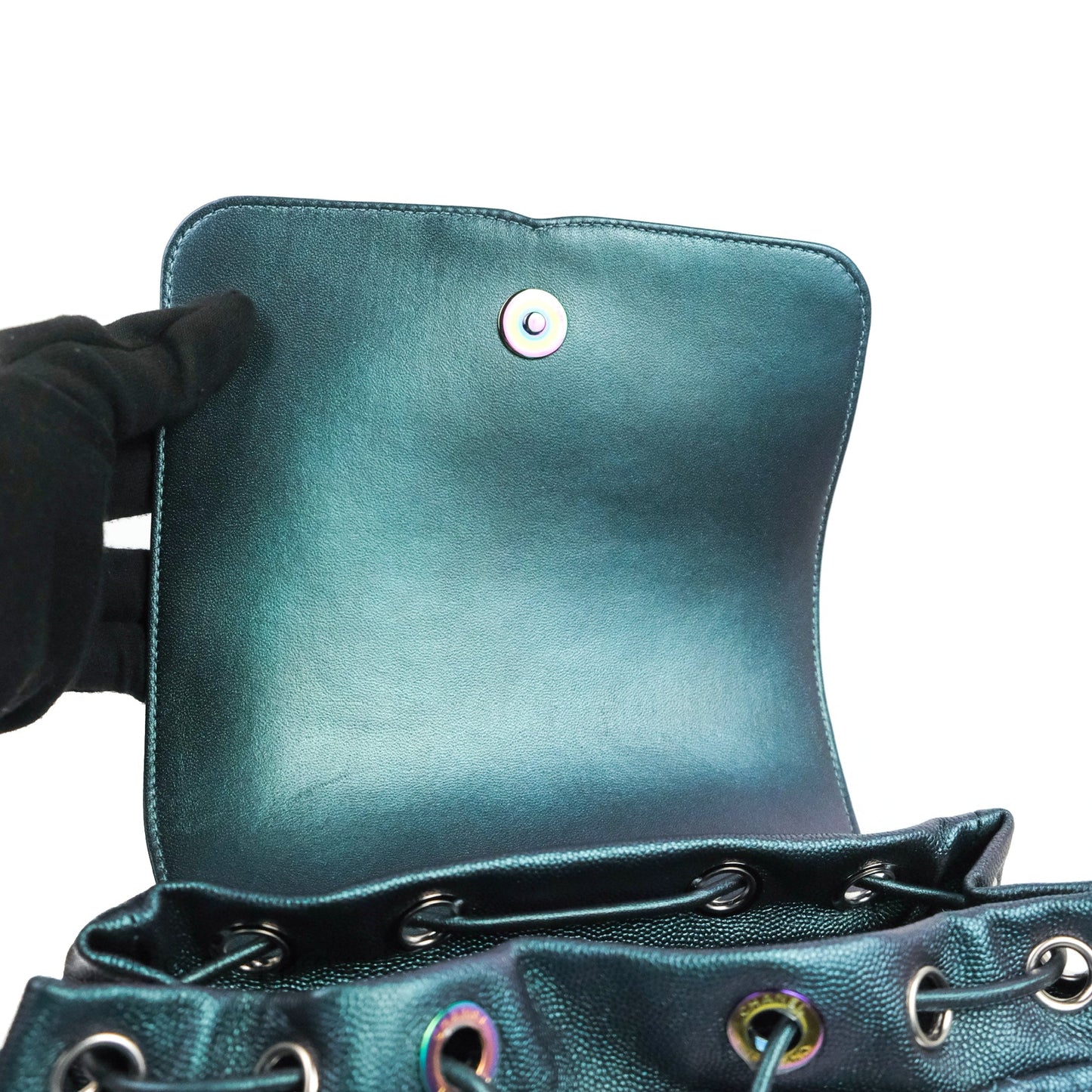 Chanel Quilted CC Filigree Backpack Caviar Iridescent Dark Turquoise Rainbow Hardware