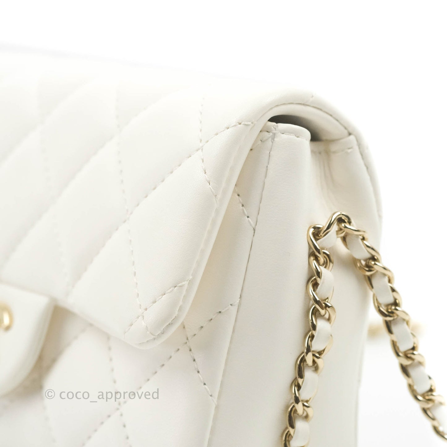 Chanel Small Logo Pearl Chain Flap Bag White Lambskin Gold Hardware