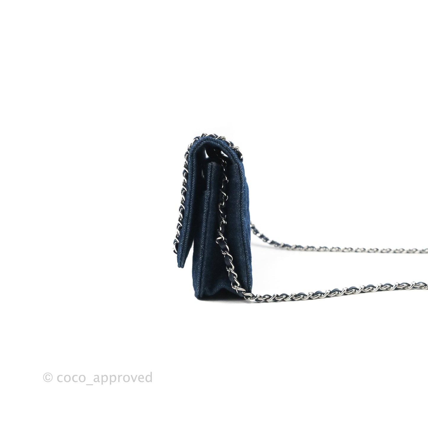 Chanel Quilted Chain Around Wallet on Chain WOC Dark Blue Denim Silver Hardware