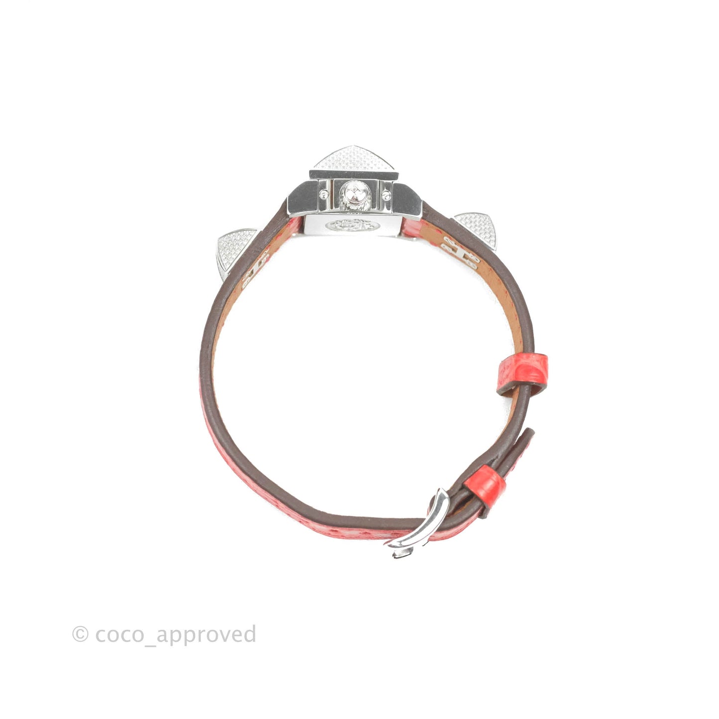 Hermes Pave Diamond Medor Red Crocodile Watch Bracelet Palladium Hardware