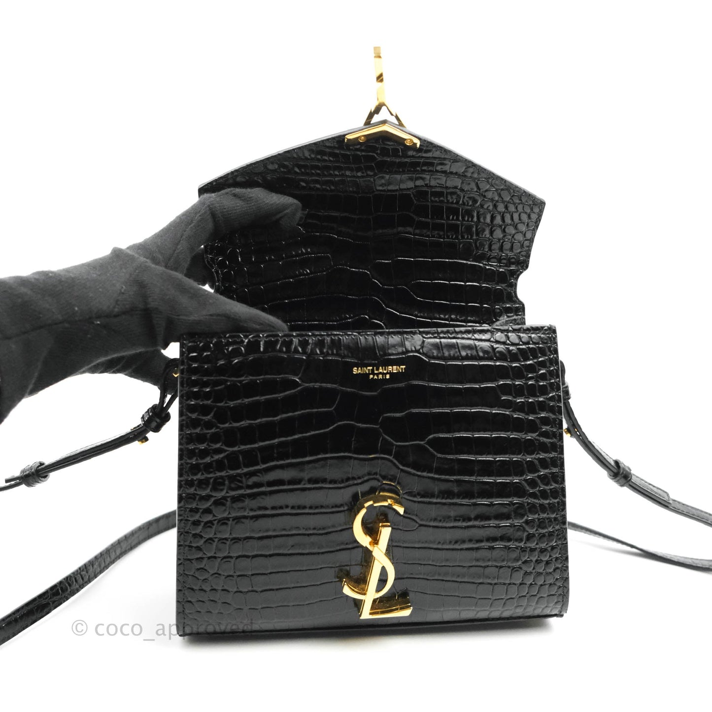 Saint Lauren Cassandra Mini Top Handle Bag Black Crocodile-embossed Shiny Calfskin