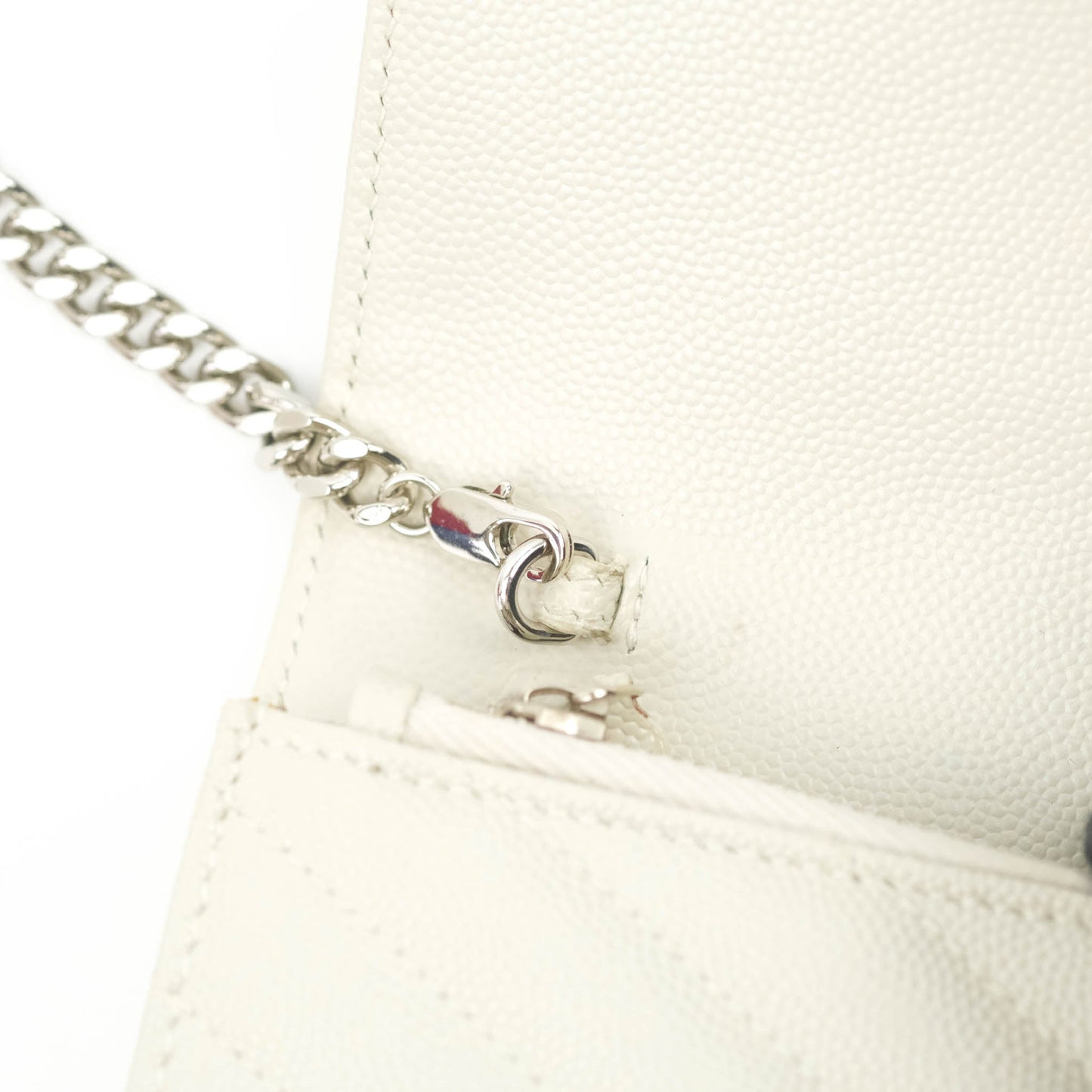 Saint Laurent Wallet on Chain White Grained Leather Silver Hardware