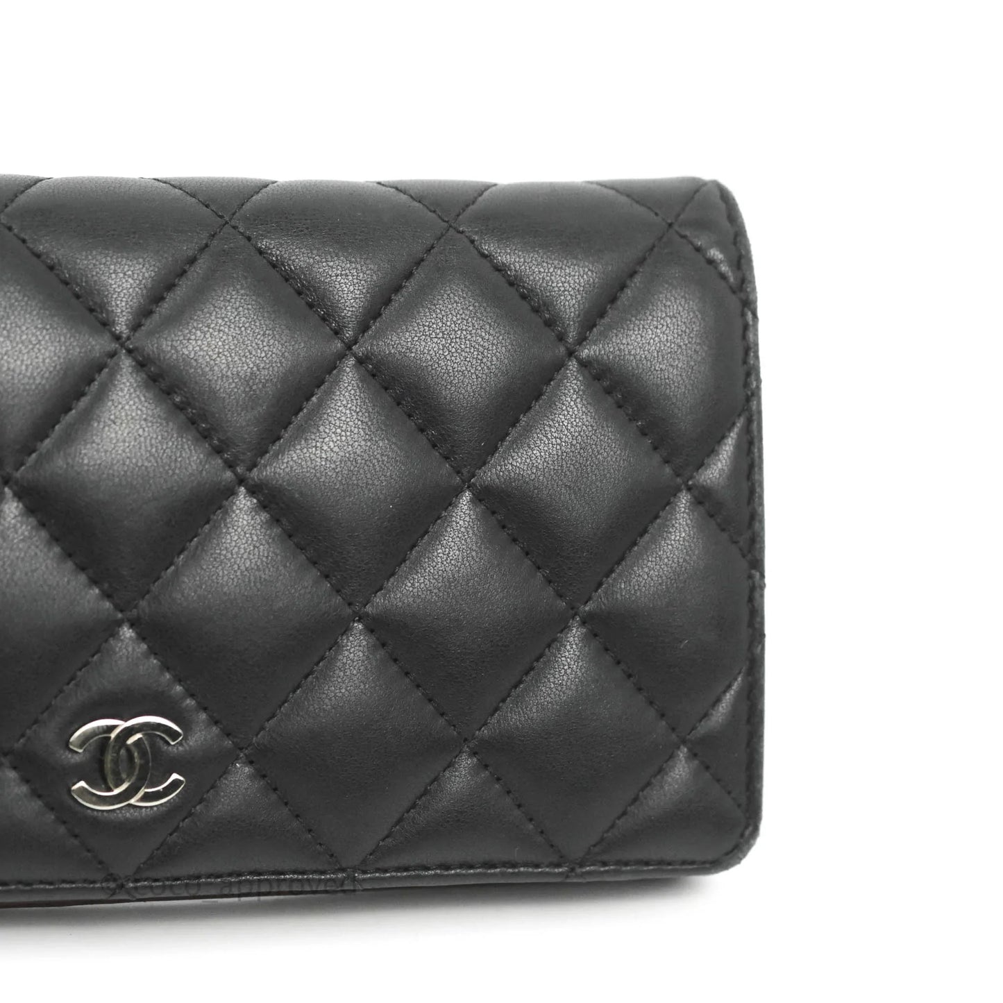 Chanel Quilted Long Wallet Black Lambskin Silver Hardware