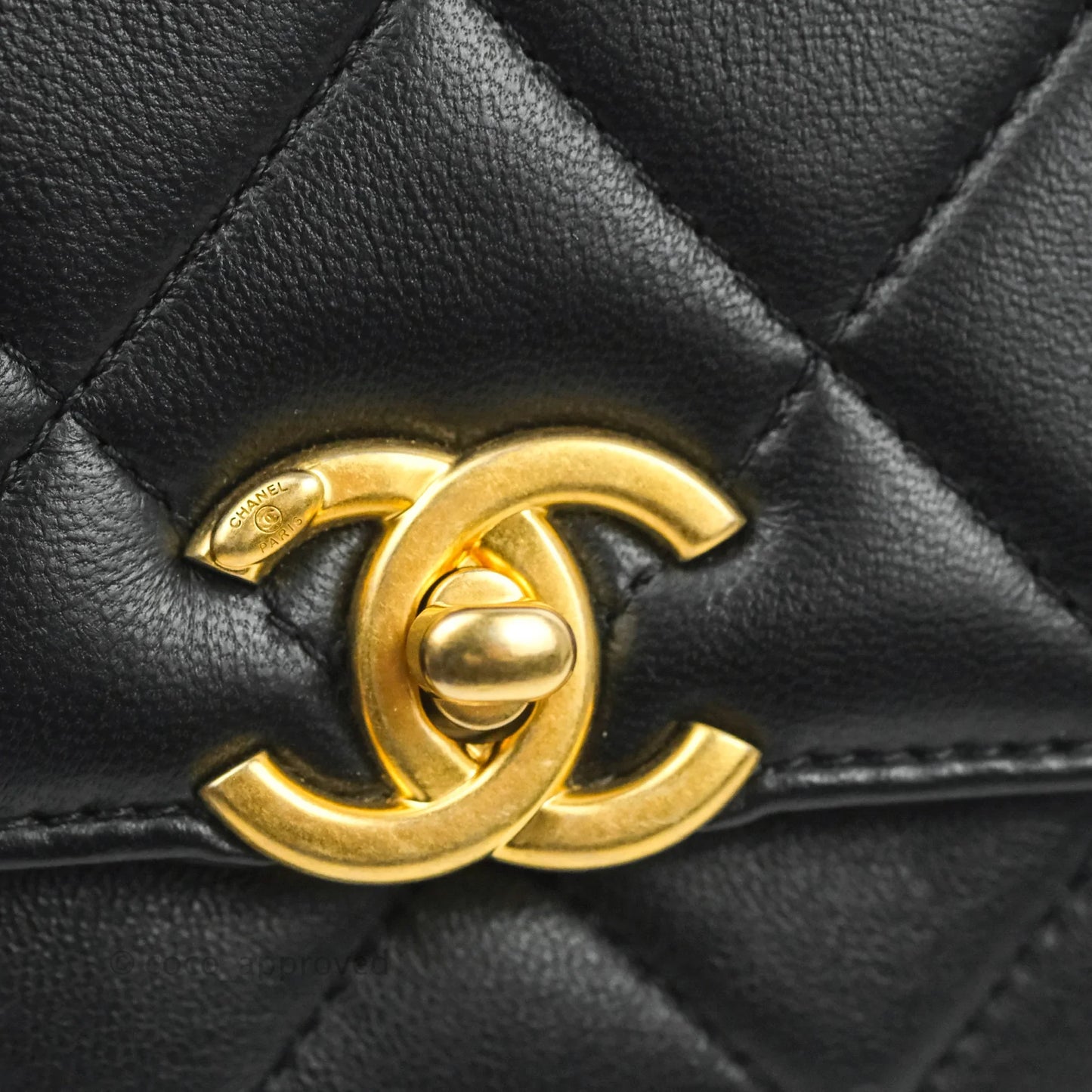 Chanel Quilted Small Flap Bag with CC Crystal Logo Handle Black Lambskin Aged Gold Hardware