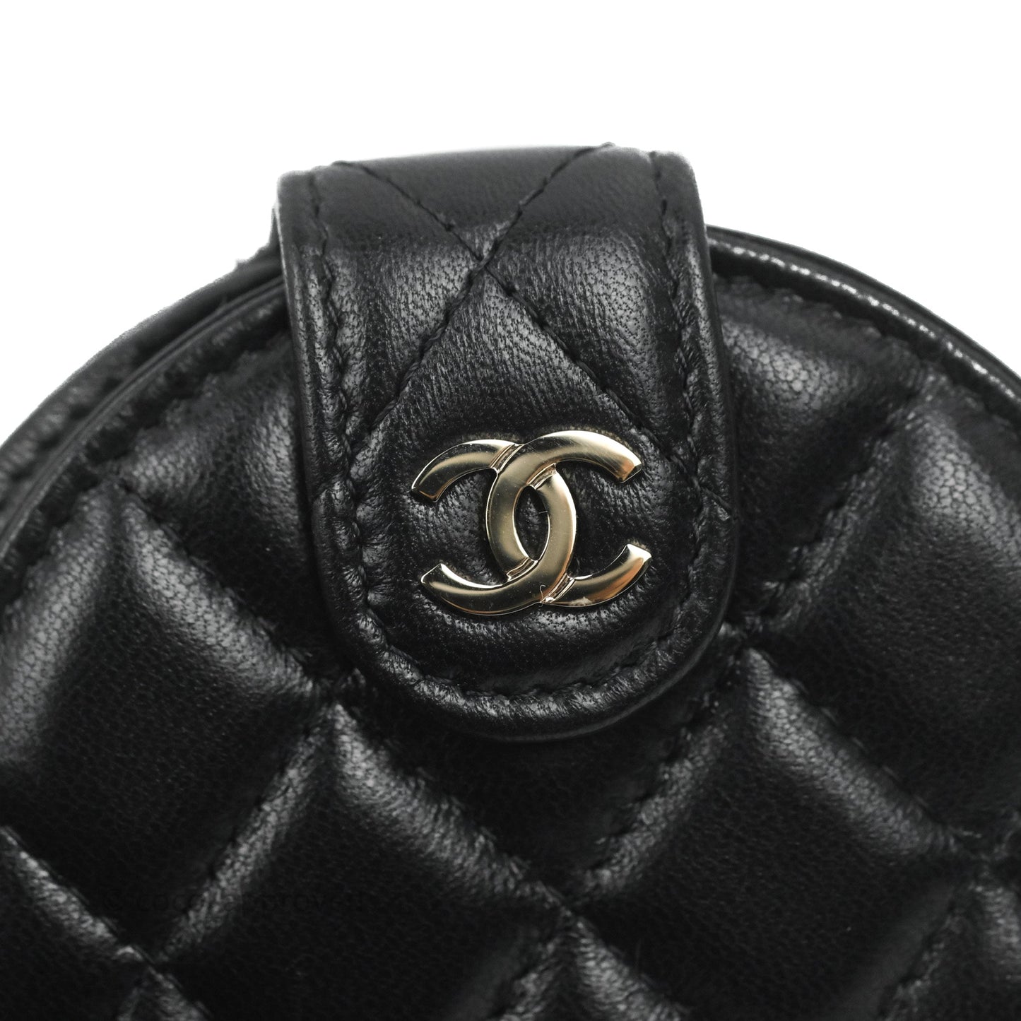 Chanel Quilted Round Luggage Tag Black Lambskin Gold Hardware