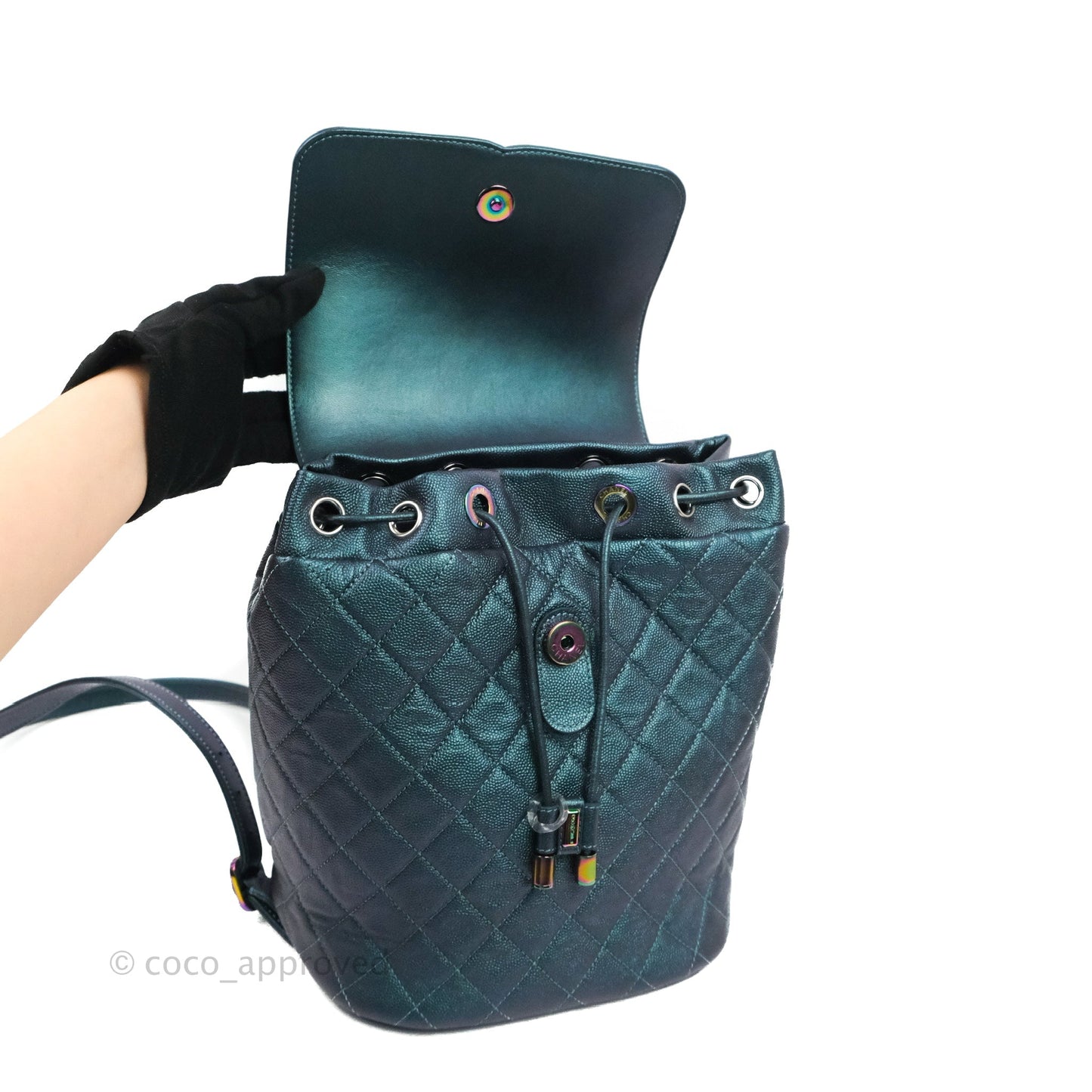 Chanel Quilted CC Filigree Backpack Caviar Iridescent Dark Turquoise Rainbow Hardware