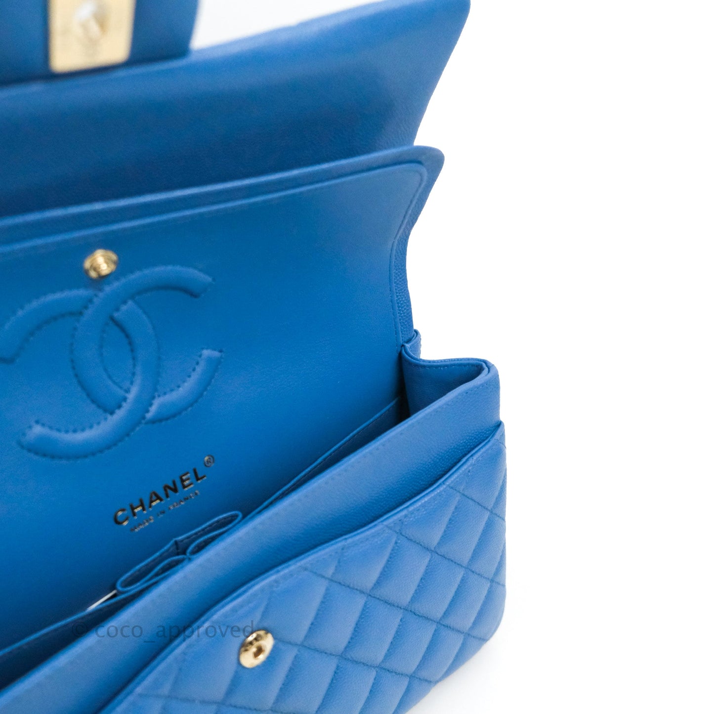 Chanel Classic M/L Medium Flap Quilted Blue Caviar Gold Hardware 21P