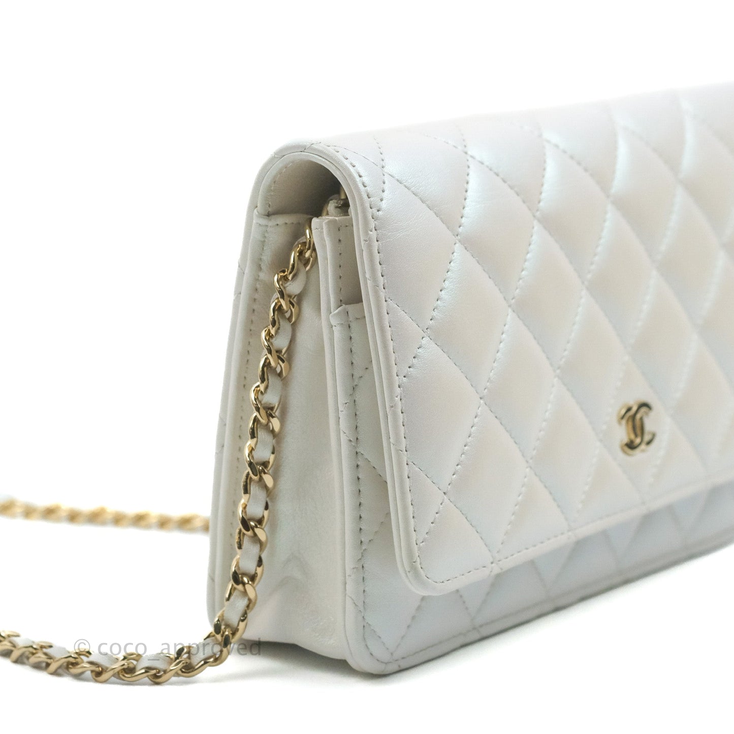 Chanel Quilted Classic Wallet on Chain WOC Iridescent White Lambskin Gold Hardware
