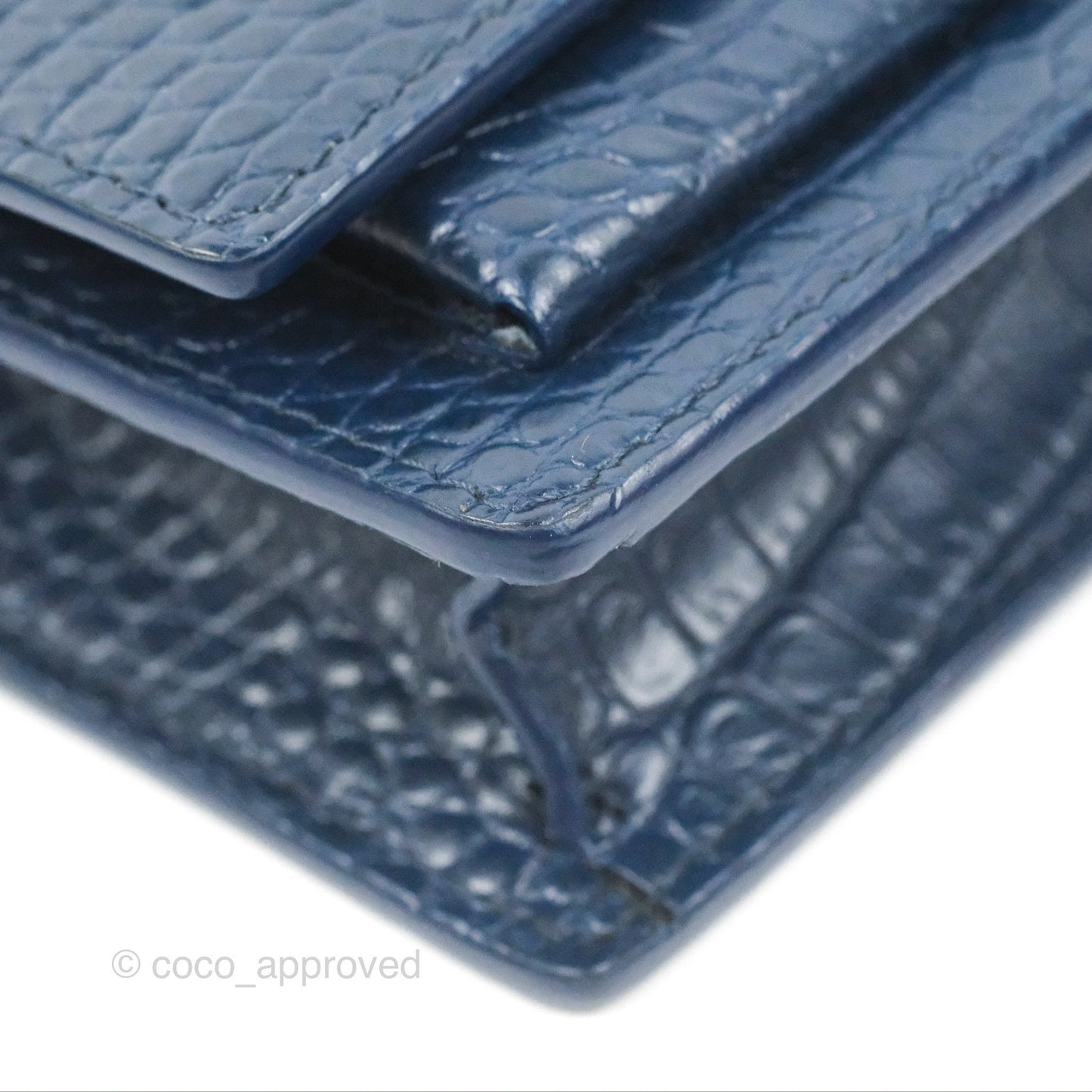 Saint Laurent Sunset Chain Wallet Navy Croc-embossed Shiny Calfskin Silver Hardware