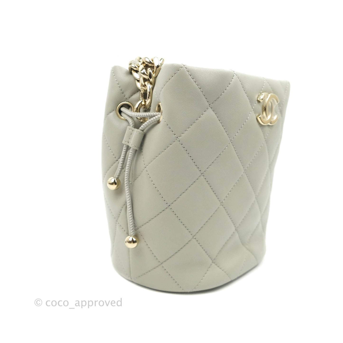 Chanel Quilted Drawstring Bucket Bag Grey Lambskin Gold Hardware 22C