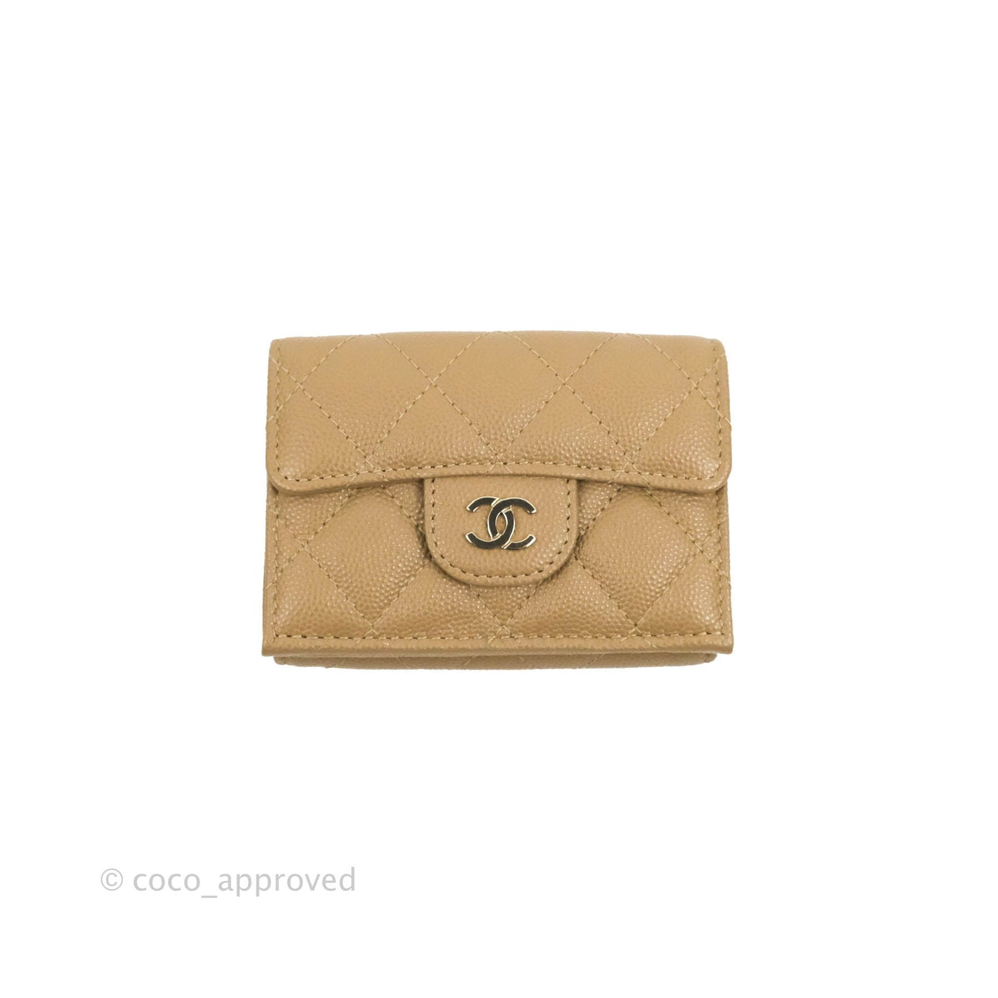 Chanel Quilted Small Classic Flap Trifold Wallet Dark Beige Caviar Gold Hardware