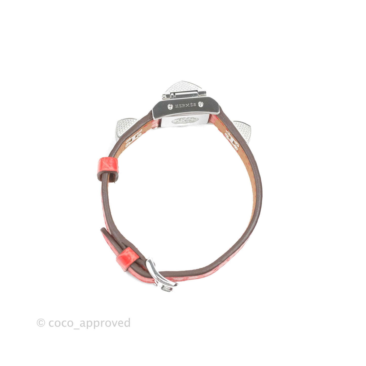 Hermes Pave Diamond Medor Red Crocodile Watch Bracelet Palladium Hardware