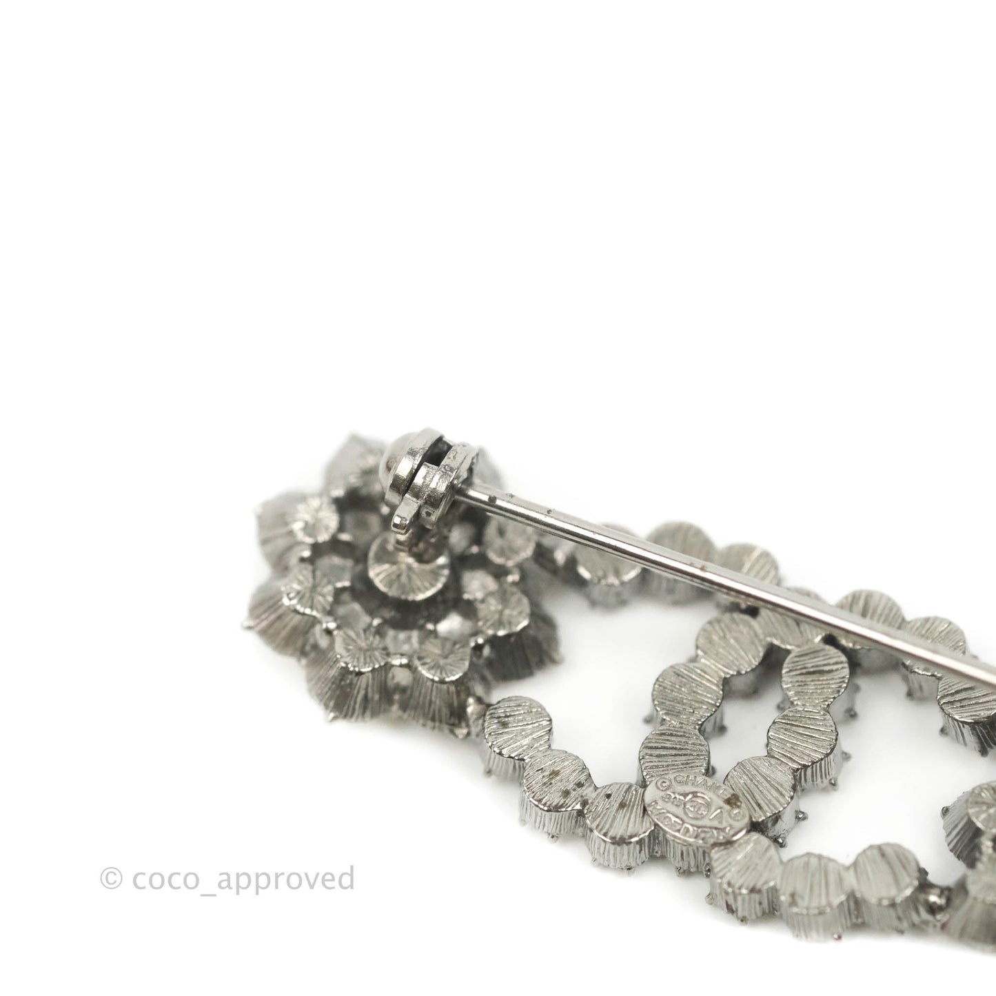 Chanel CC Crystal Camellia Flower Lotus Snowflake Brooch Silver Tone 15A