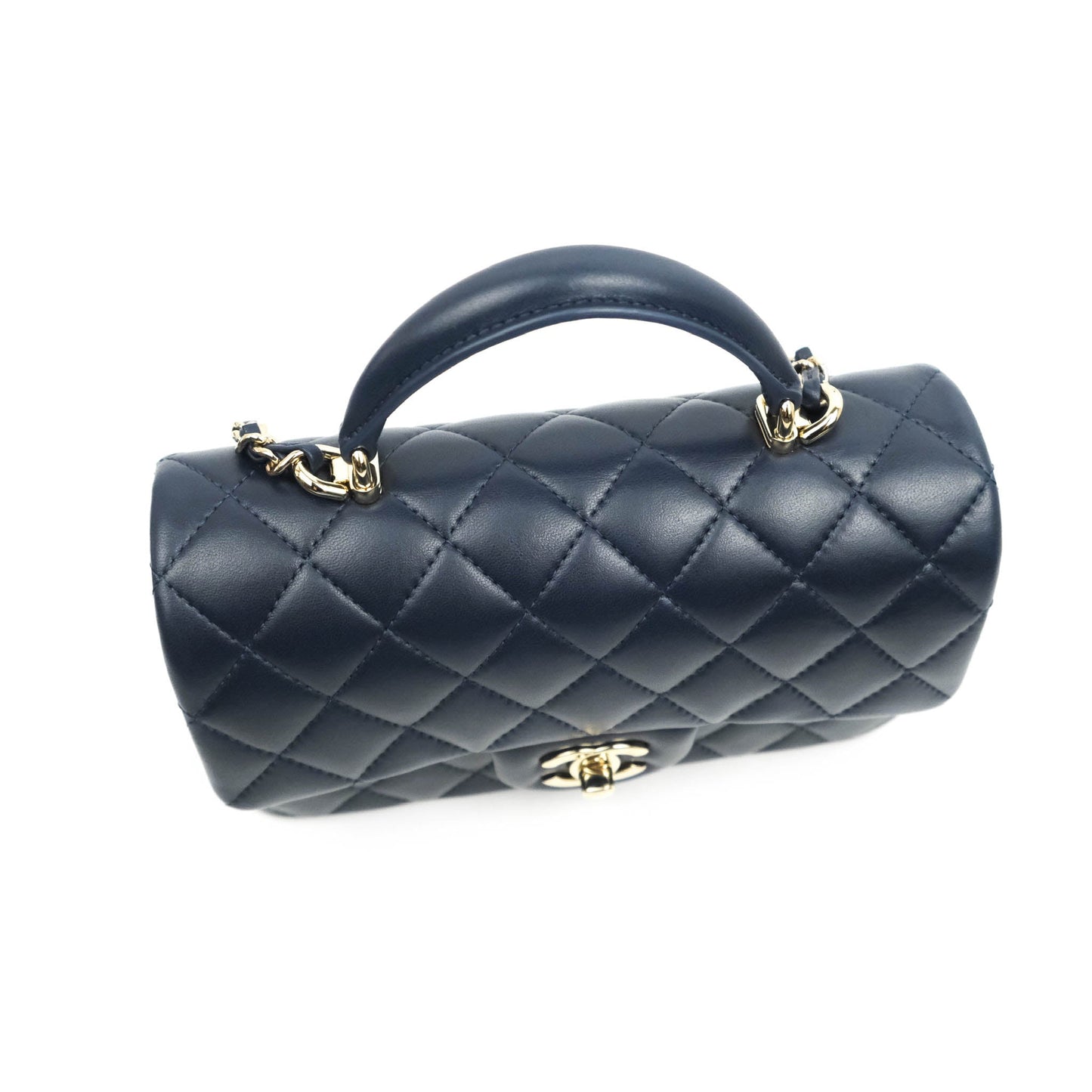 Chanel Top Handle Mini Rectangular Flap Bag Navy Lambskin Gold Hardware