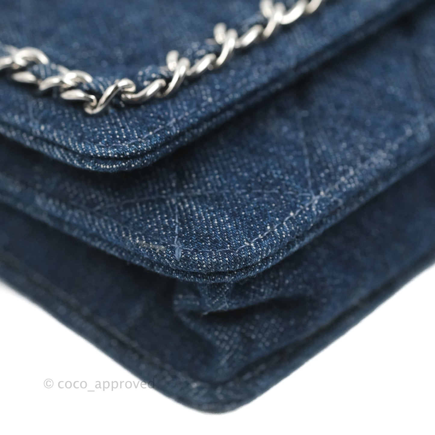 Chanel Quilted Chain Around Wallet on Chain WOC Dark Blue Denim Silver Hardware