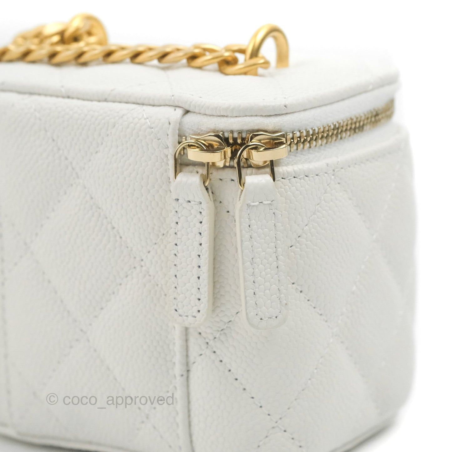 Chanel Quilted Heart Crush Mini Vanity With Chain White Caviar Aged Gold Hardware