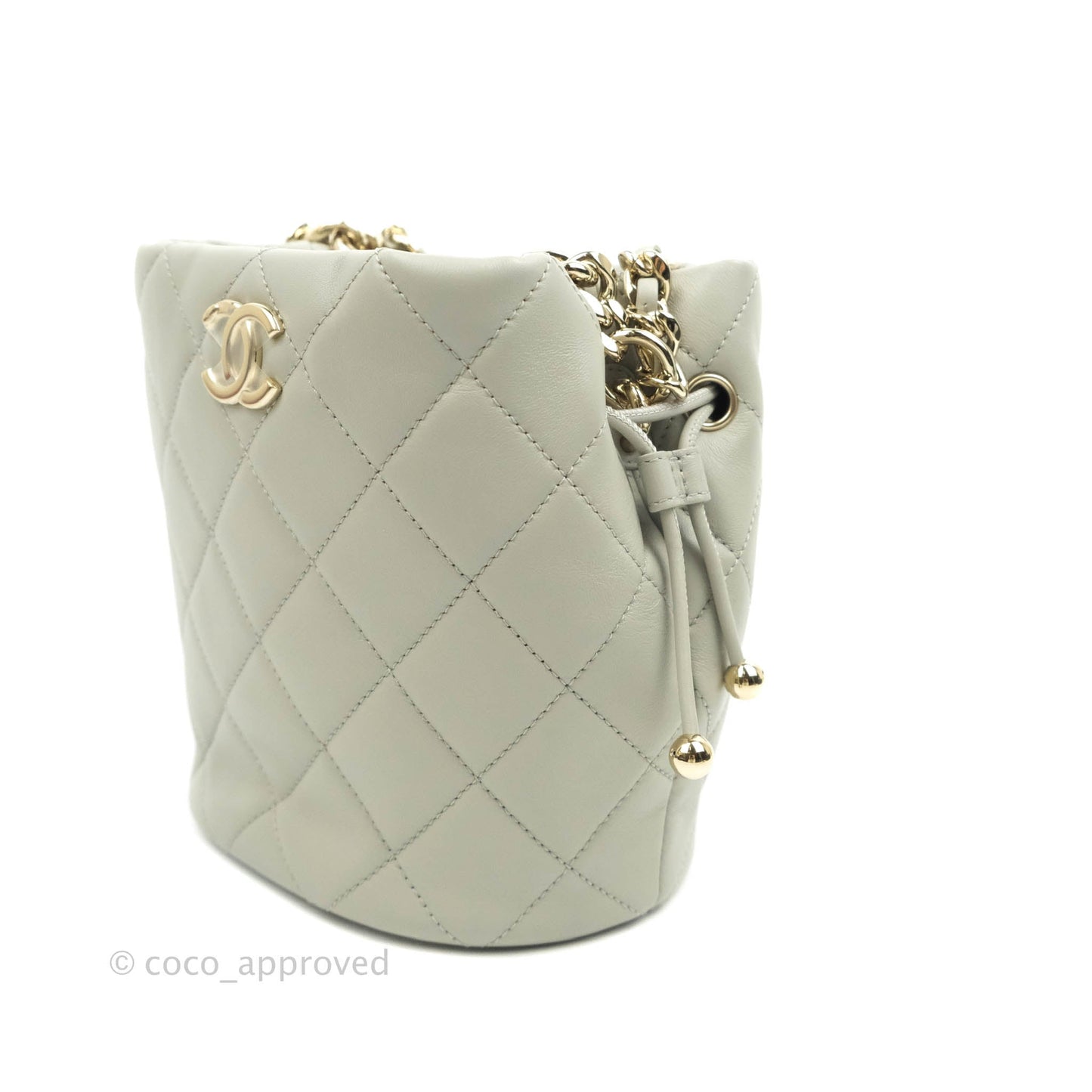 Chanel Quilted Drawstring Bucket Bag Grey Lambskin Gold Hardware 22C