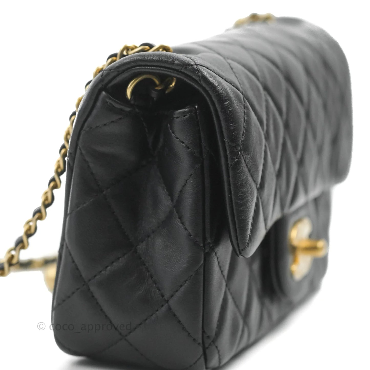 Chanel Mini Rectangular Pearl Crush Quilted Black Lambskin Aged Gold Hardware